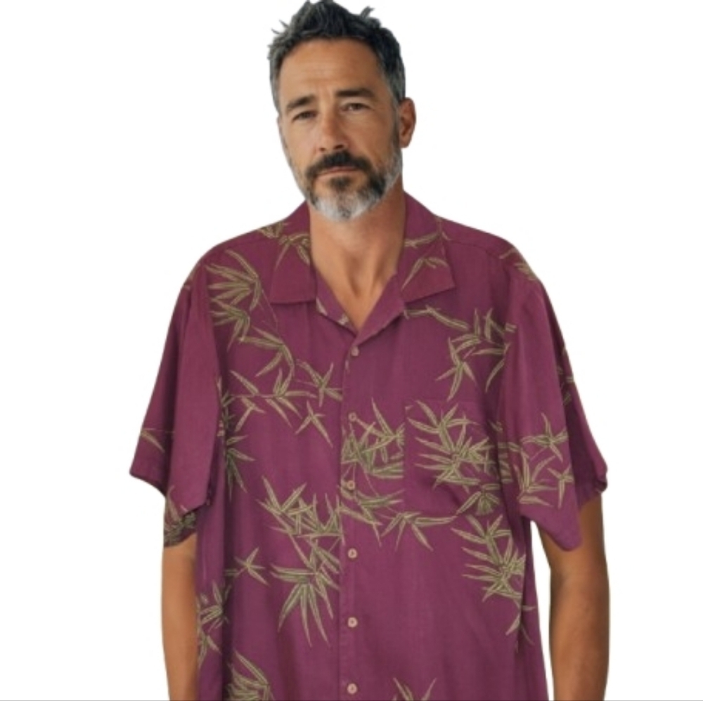 Tommy Bahama 100% Silk Deep Magenta/Burgundy Tropical Print Shirt Size L Light